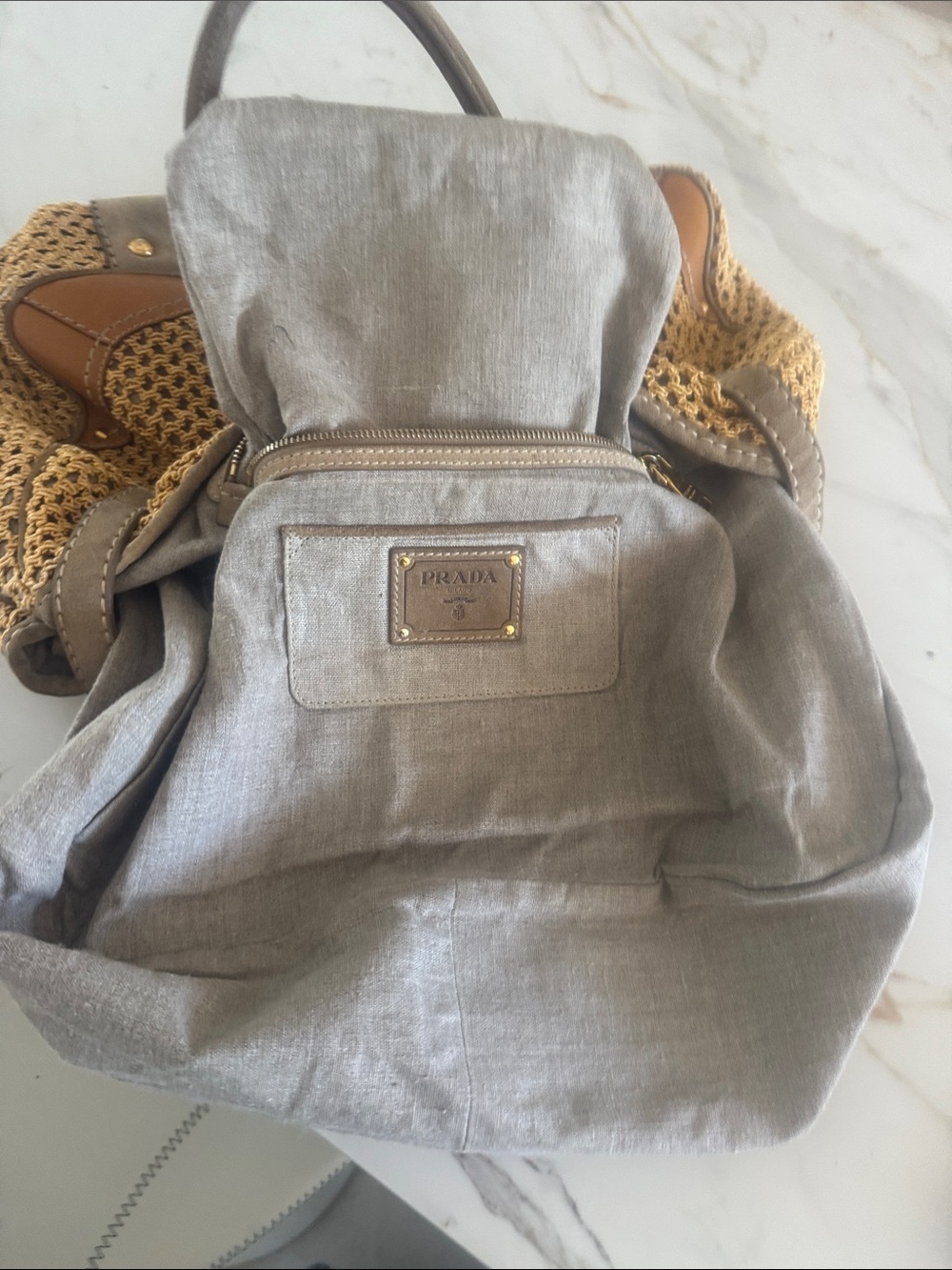Prada Yellow Crochet Shoulder Bag with Taupe Leather Trim and shopping bag - Picture 11 of 16